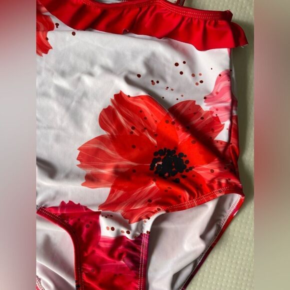 Girls 10 red and white Penelope Plumm poppy one piece swimsuit - Picture 2 of 5